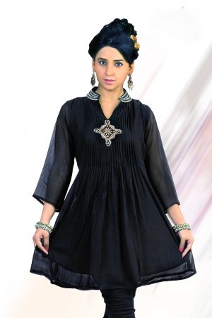 Fashion Azureish black Collar Stone Work Tunic