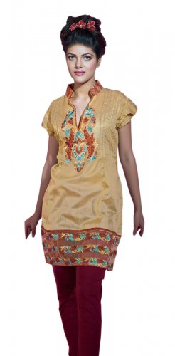 Silk Cotton Collar V Neck Multi Color Embroidered Tunic Top