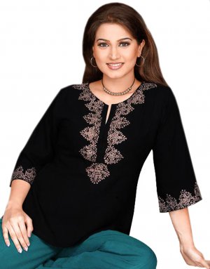 Black Cotton Neck Floral Embroidered Tunic Top Dress