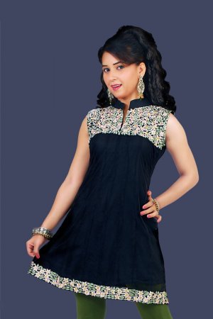 Ladies Navy blue collar Tunic dress with Short sleeve