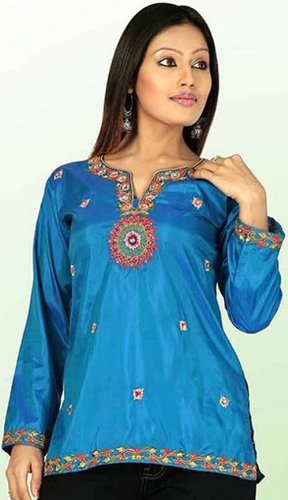 Ladies Blue Color Silk Cotton Full Embroidered Tunic Top