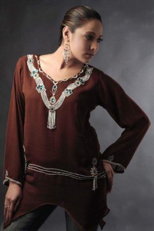 Brown v-neck with fashion hem  tunic top ,Party wear