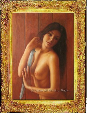 ORIGINAL OIL PAINTING CHARMING NUDE GIRL WITH A SWORD