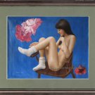 Original oil painting oriental nude girl as folwer art