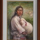 Art Original Oil Painting-Tibetan Girl Nursing The Lamb