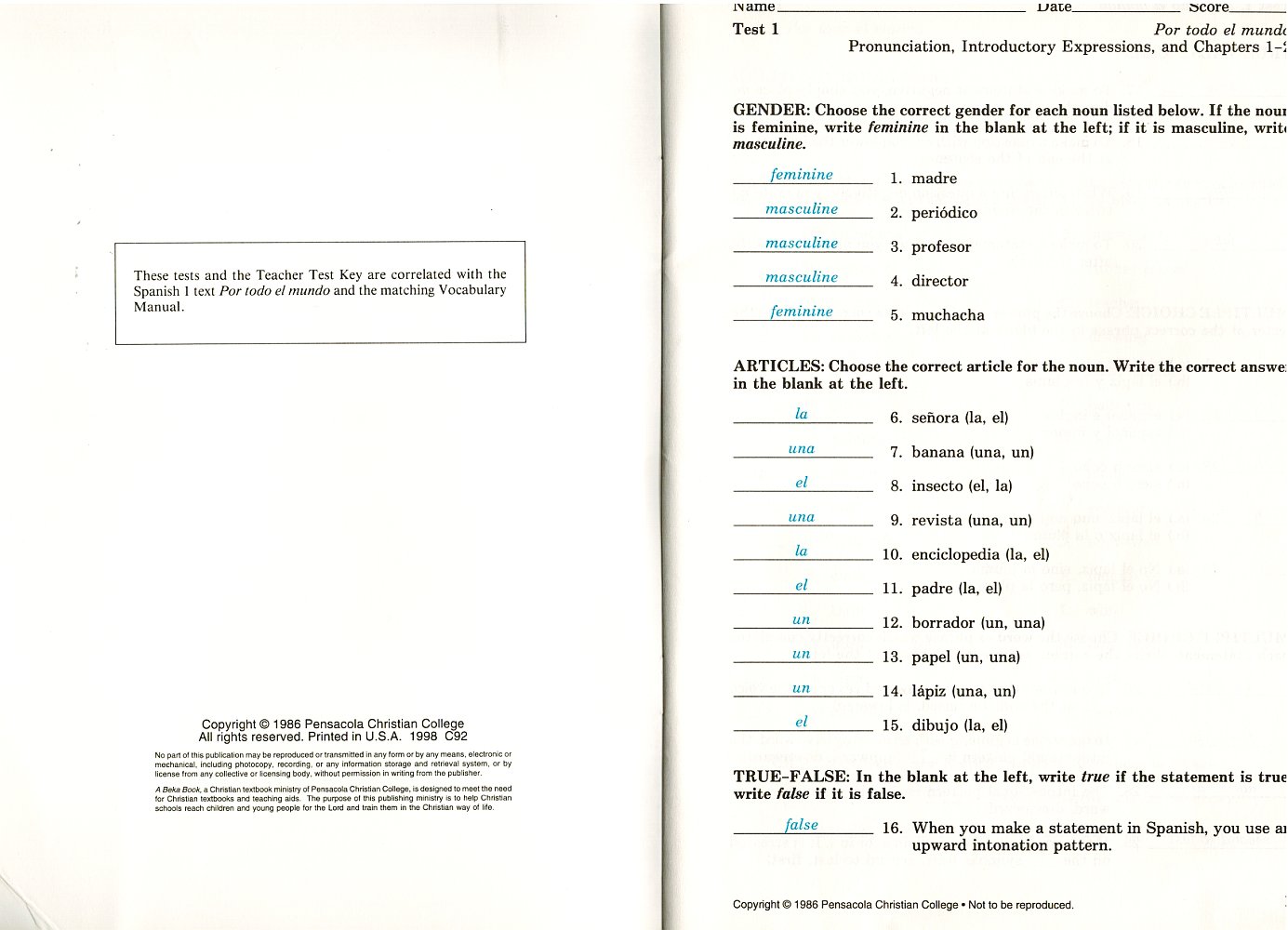 Spanish 1 Por Todo El Mundo Abeka A Beka Teacher Test Key For Parts A ...