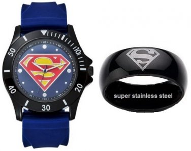 SUPERMAN the Man of Steel Sport Watch & Stainless Steel Ring (Size 10)