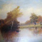RARE MONOGRAMMED ANTIQUE OIL CANVAS ENGLISH LAKESIDE