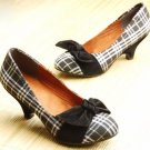 Black Bow Plaid 2 inch Heels Indie Lolita Free shipping