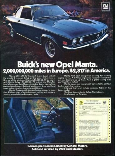 Vintage GM BUICK's 1973 73 OPEL MANTA, 1973 Advertisement +FREE Ad!