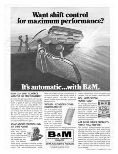 Vintage B&M Automotive Shifters 1973 Advertisement CA, +Bonus Ad FREE!