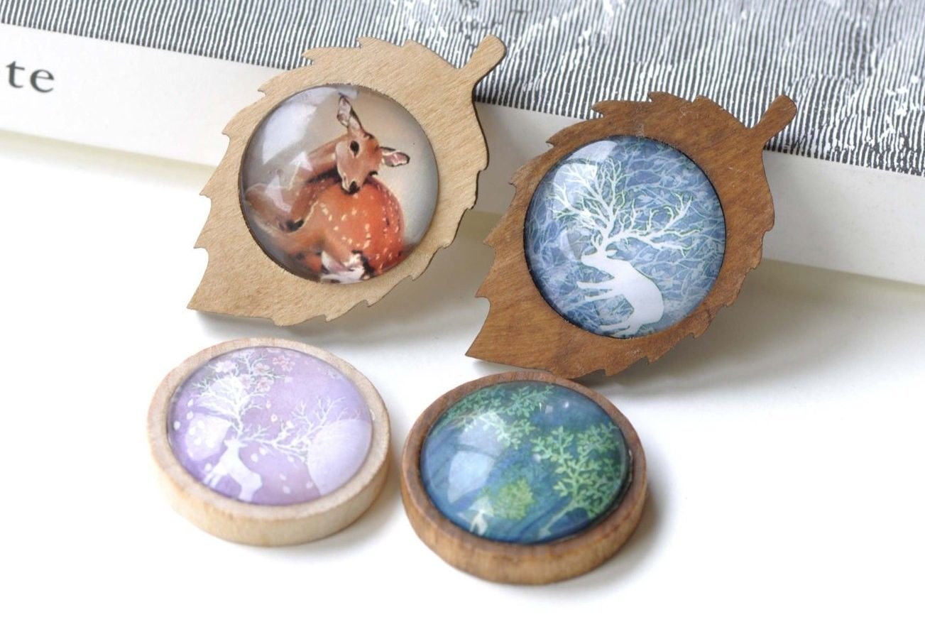 Wooden Pendant Tray Leaf/Round Bezel Setting 25mm Bezel Set of 4