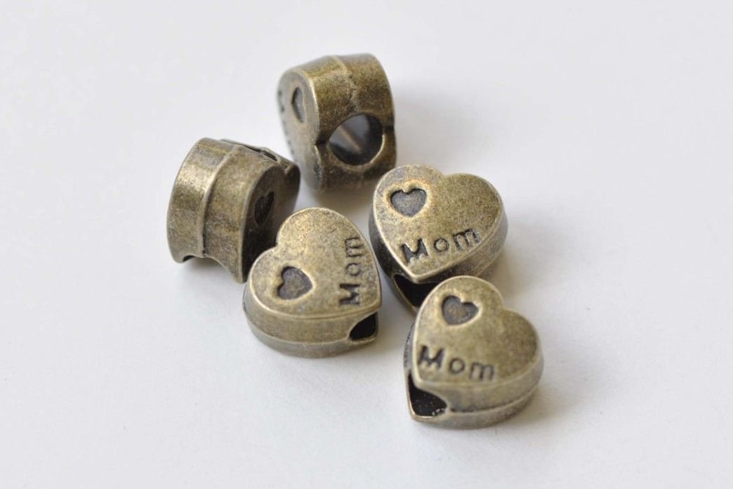 20 pcs Antique Bronze Large Hole Mom Heart Beads 10x12mm A8467