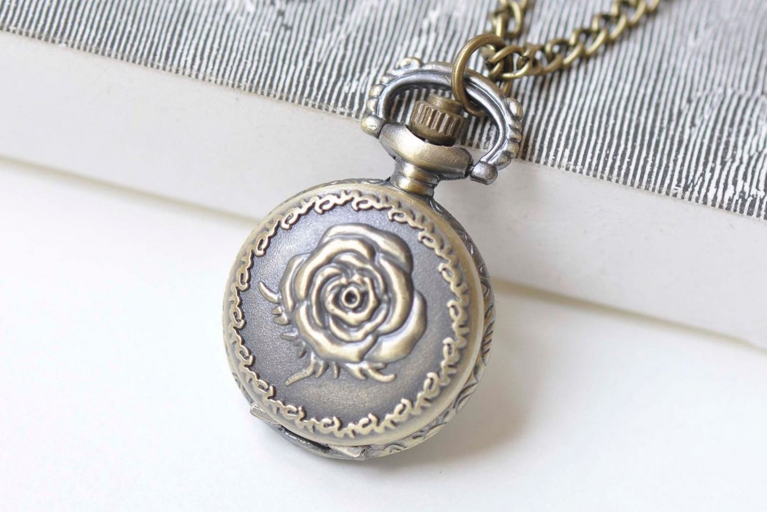 Antique Bronze Rose Flower Small Pocket Watch Necklace Set of 1 A2071