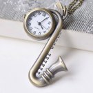 Antique Bronze Saxophone Pocket Watch Necklace Set of 1 A2697