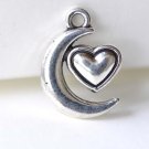 Crescent Moon Heart Charms Antique Silver Pendants Set of 20 A8111