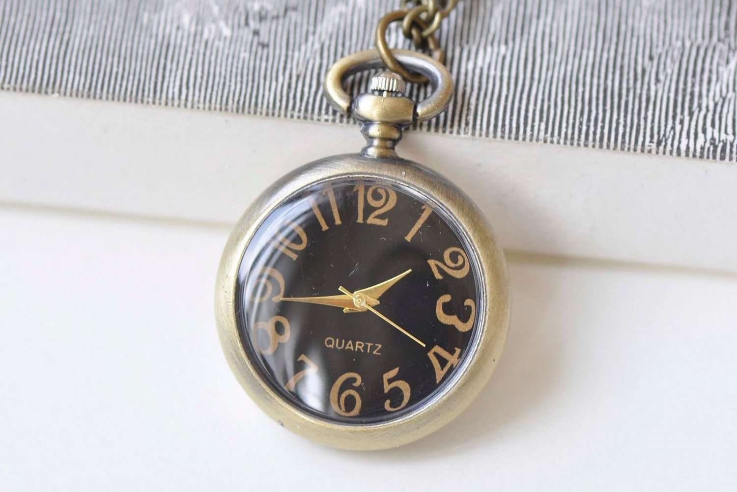 Antique Bronze Small Black Pocket Watch Necklace Set of 1 A1447
