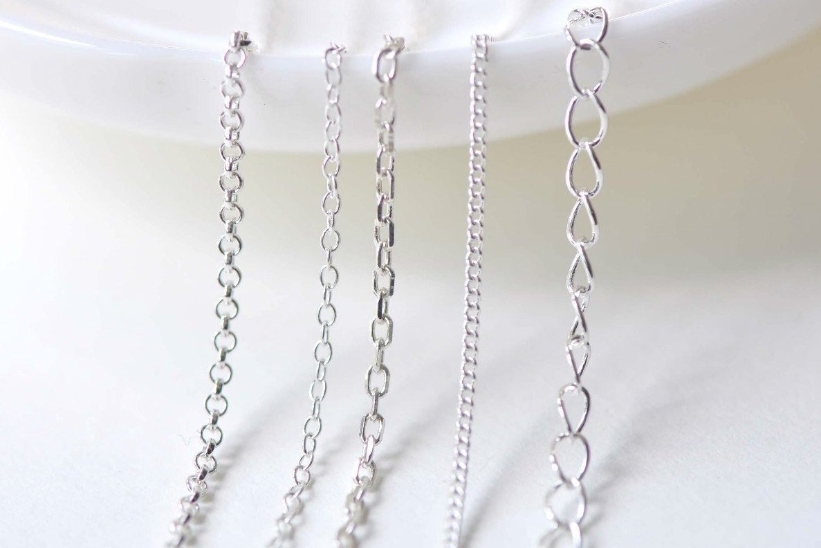 3.3 ft (1m) Polished Sterling Silver Rolo Oval Cable Curb Chain 1.5mm Textured Oval