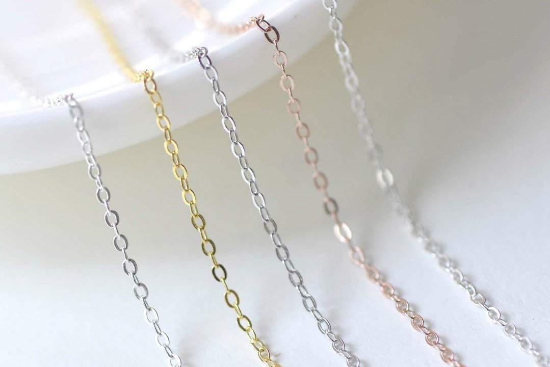 3.3ft Sterling Silver Flat Oval Cable Chain Silver/Platinum/Gold/Rose Gold Gold / 1.5mm