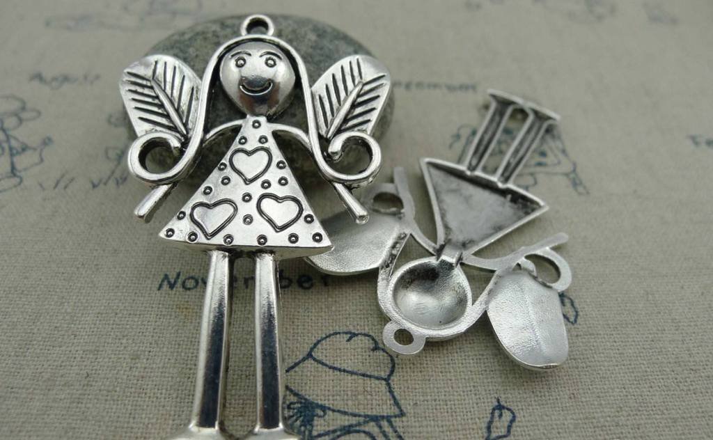 2 pcs Antique Silver Fairy Pendants Charms 38x58mm A1553