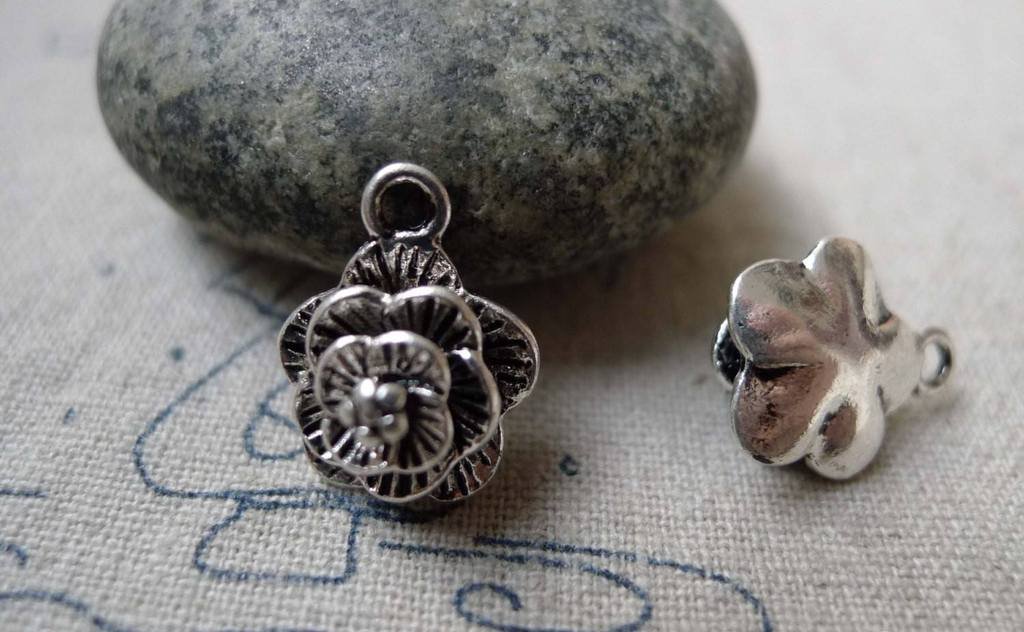 Antique Silver Layered Flower Charms Pendants Set of 10 A6369