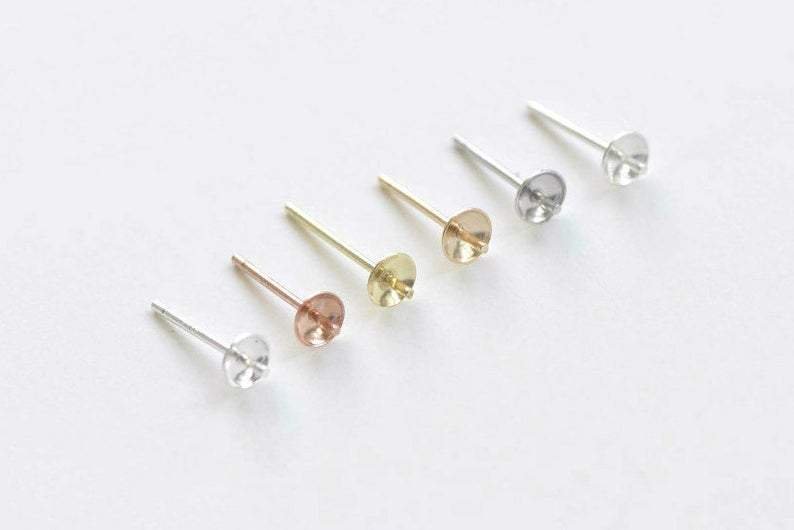 10 pcs Solid 925 Sterling Silver Ear Post with Cup Peg for Half Drilled Pearls 3mm Cup/13mm Length /