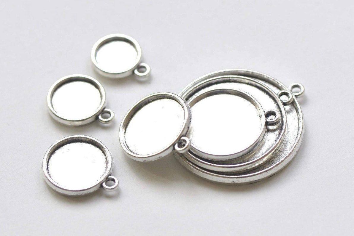 20 pcs Antique Silver Double Sided Round Cameo Base Setting Pendant Tray 20mm A5339