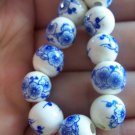 20 pcs Chinese Blue Peony Flower Ceramic Round Beads 10mm A1862