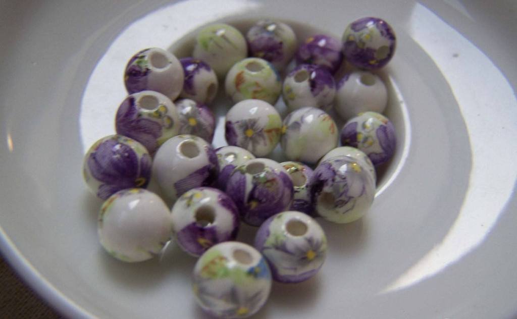 20 pcs Chinese Purple Flower Ceramic Round Beads 8mm A5150