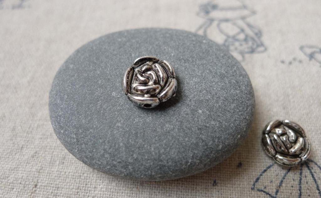 30 pcs Antique Silver Plum Flower Rondelle Beads A7240