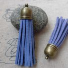 5 pcs Faux Suede Blue Leather Tassel With Brass Bead Caps A6668