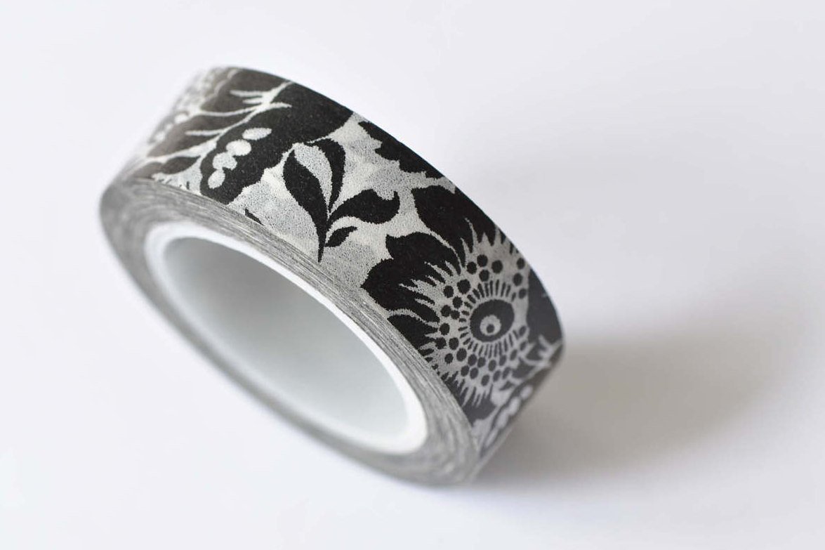 Black Flower Adhesive Washi Tape 15mm x 10M Roll A12424