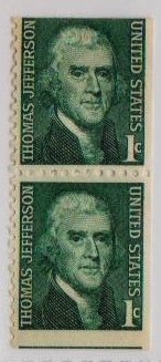1965 one cent thomas jefferson two connected mint stamps