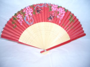 Chinese Paper Hand Fan ~ Red with 2 Birds