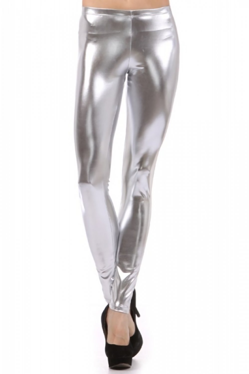 Women's Large Silver Shiny Metallic Leggings Stretch Wet Vinyl Glossy ...