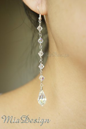 Swarovski Crystal Wedding Sterling Silver Bridal Earrings Bride Bridesmaid Gift Long Chain Teardrop