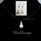 Swarovski Crystal & Pearl Floating Illusion Bridal Necklace Earrings Set Bridesmaid Sterling Silver