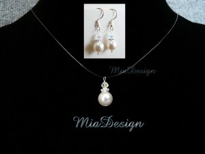 Swarovski Crystal & Pearl Floating Illusion Bridal Necklace Earrings Set Bridesmaid Sterling Silver