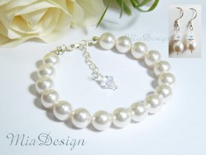 Swarovski Crystal & Pearl Wedding Bridal Bracelet Earrings Set / Bridesmaid Gift- Sterling Silver