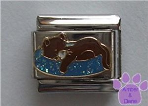 Brown cat napping on blue glitter bed Italian Charm