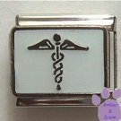 Silvertone Caduceus Medical Symbol Italian Charm on white enamel
