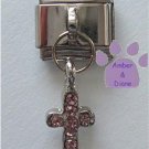 Cross Dangle Italian Charm with Pink Crystals