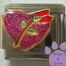 Pink Glitter Heart with Red Rosebud Enamel Italian Charm "Love"