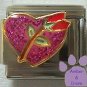 Pink Glitter Heart with Red Rosebud Enamel Italian Charm "Love"