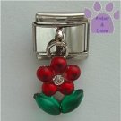 Ruby Red Flower Dangle Italian Charm green leaves - July Birthday