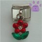 Ruby Red Flower Dangle Italian Charm green leaves - July Birthday