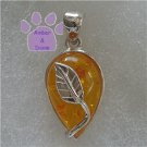 Honey Amber Teardrop Sterling Silver Pendant with silver leaf design charm