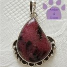 Rhodonite Sterling Silver Pendant teardrop deep coral pink and black