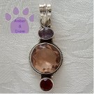 Rose Quartz Round Sterling Silver Pendant with Amethyst and Garnet