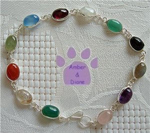 Multi-Gemstone Sterling Silver Bracelet oval links 7.5 inches  TR1307